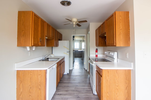 kitchen featuring white appliances, a ceiling fan, light countertops, and a sink