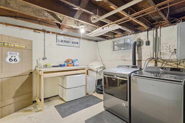 laundry area with laundry area, electric panel, and washing machine and clothes dryer