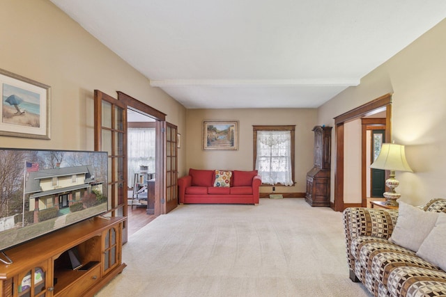 living room featuring baseboards and light colored carpet