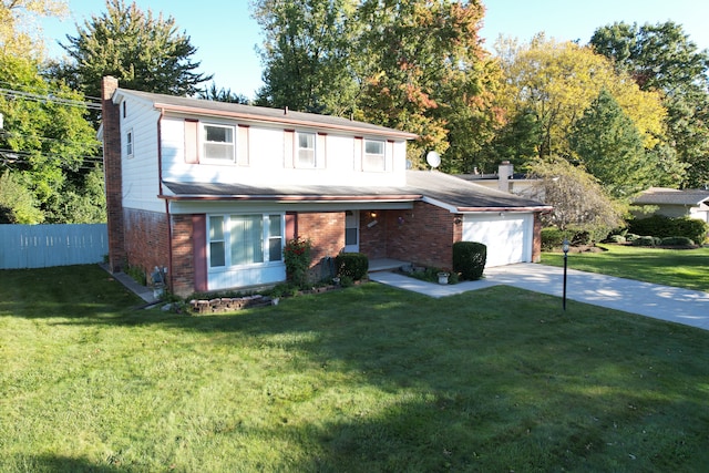 traditional home featuring brick siding, a chimney, an attached garage, fence, and a front lawn