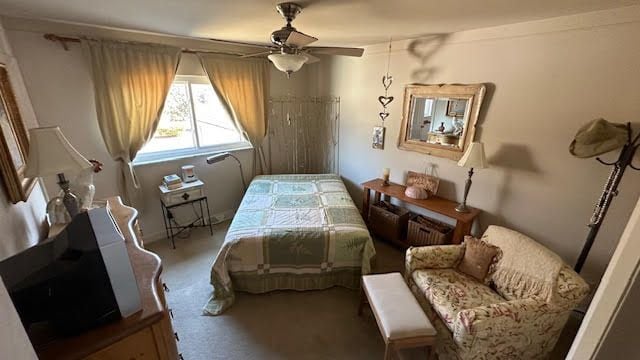 bedroom featuring carpet flooring and ceiling fan