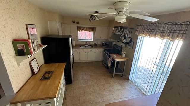 kitchen with ceiling fan, light countertops, appliances with stainless steel finishes, white cabinets, and a sink