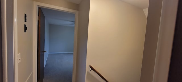 hall featuring carpet flooring and baseboards