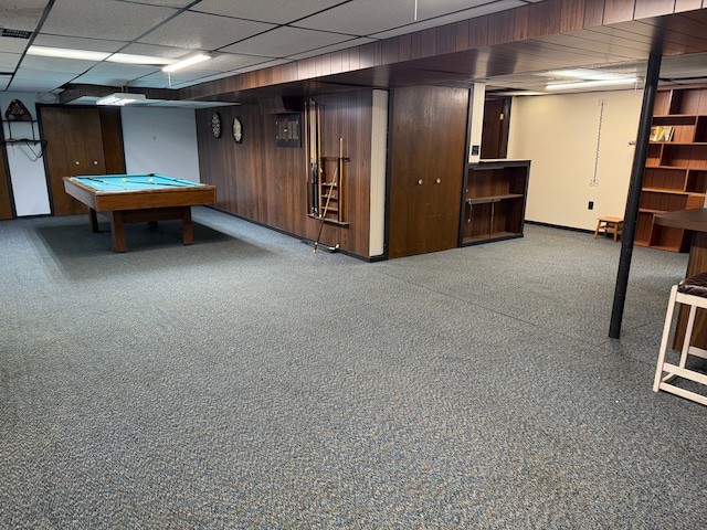 playroom with billiards, wooden walls, and a drop ceiling