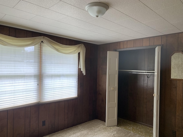7004 Walnut Hill Rd, Manitou Beach, MI 49253 - unfurnished bedroom featuring wood walls, light colored carpet, and a closet