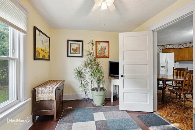 living area with ceiling fan, dark wood-style flooring, and baseboards