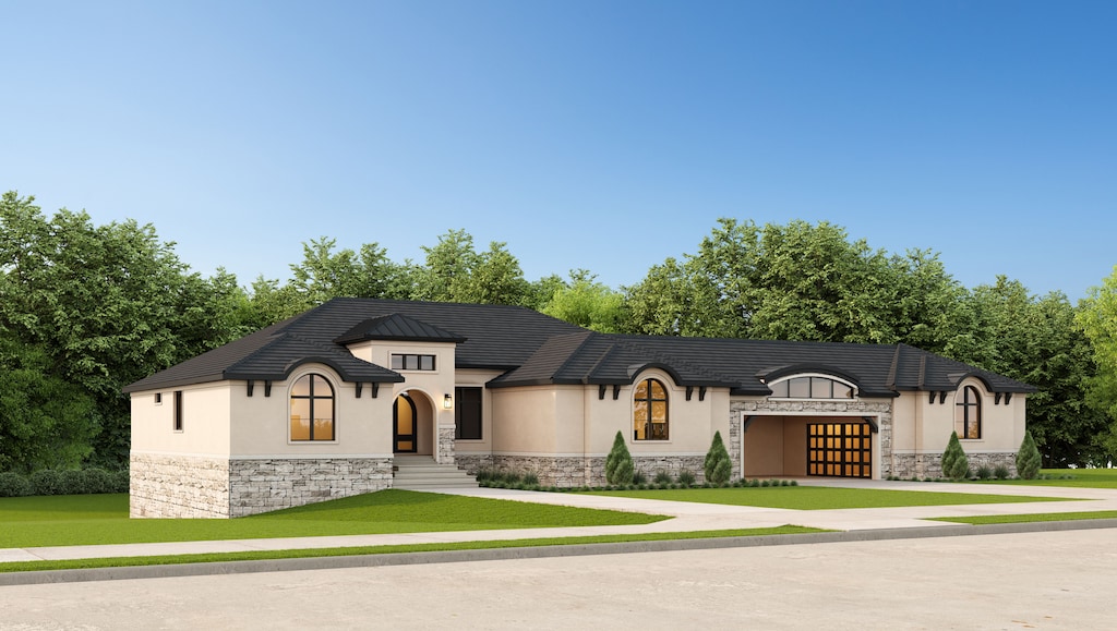 french country style house featuring a garage, stone siding, a front lawn, and stucco siding