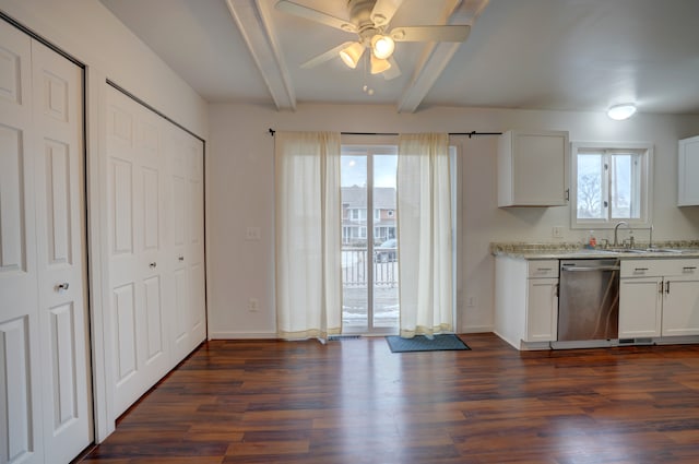 kitchen featuring a sink, dark wood-style floors, dishwasher, and beamed ceiling