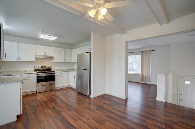 kitchen with stainless steel appliances, dark wood-type flooring, a sink, beamed ceiling, and under cabinet range hood