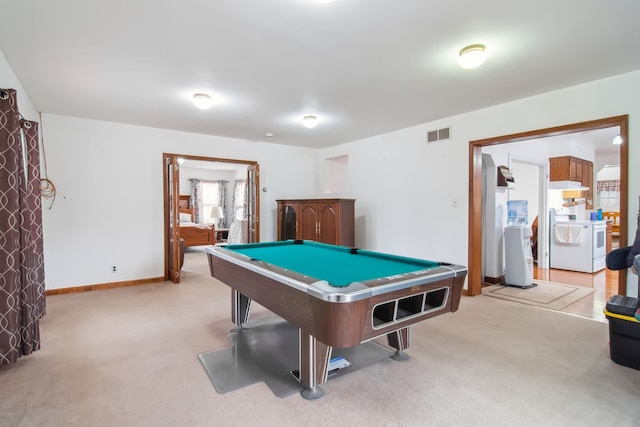 playroom with pool table, light carpet, visible vents, and baseboards