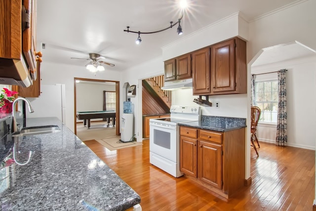 kitchen featuring light wood-style flooring, under cabinet range hood, a sink, brown cabinetry, and white electric range oven