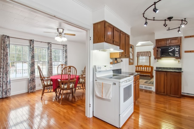 kitchen with white electric range oven, under cabinet range hood, black microwave, and light wood finished floors