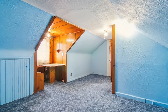 additional living space featuring a textured ceiling, carpet floors, vaulted ceiling, and a textured wall