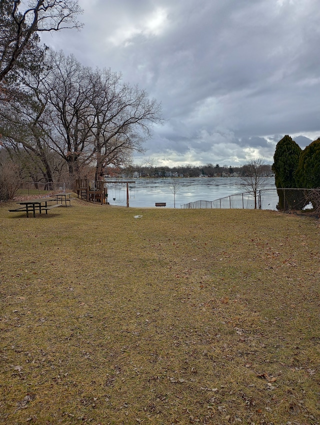 view of yard with a water view