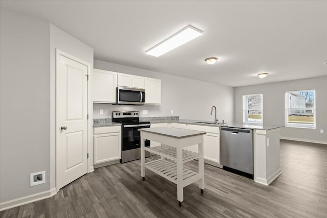 kitchen with appliances with stainless steel finishes, white cabinetry, a sink, and a peninsula