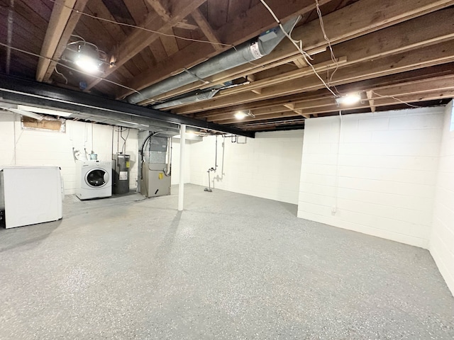 unfinished below grade area with water heater, fridge, and heating unit