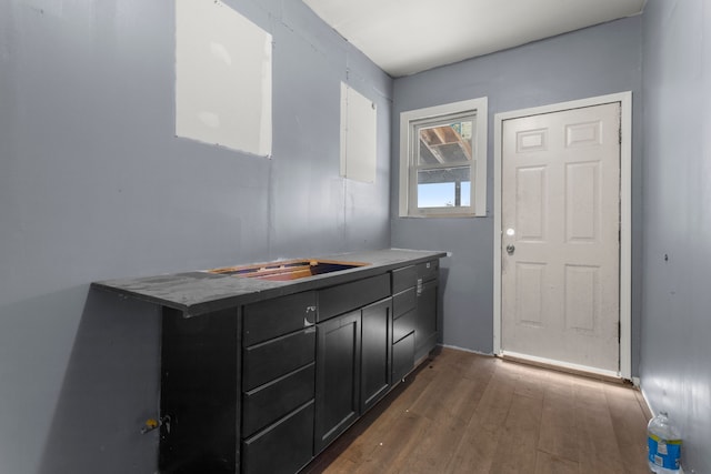 interior space featuring dark wood-style flooring, a sink, and baseboards