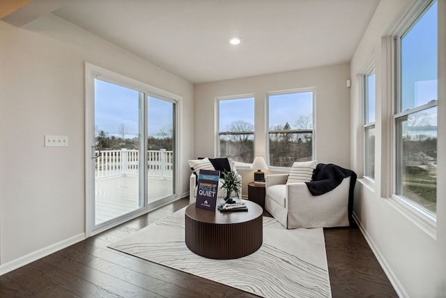 sitting room featuring recessed lighting, dark wood-style floors, and baseboards