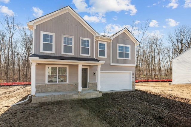 4278 Oak St, Grand Blanc, MI 48439 - traditional-style house featuring covered porch, board and batten siding, dirt driveway, an attached garage, and stone siding