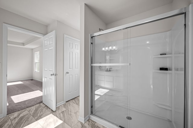 4278 Oak St, Grand Blanc, MI 48439 - bathroom with baseboards, a shower stall, and marble finish floor