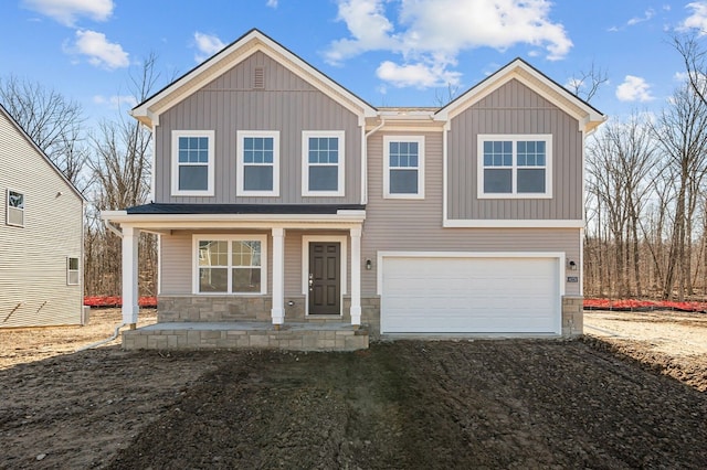 4278 Oak St, Grand Blanc, MI 48439 - traditional-style house with a porch, a garage, board and batten siding, and dirt driveway