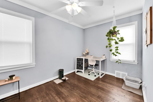 home office with ceiling fan, wood finished floors, visible vents, and baseboards