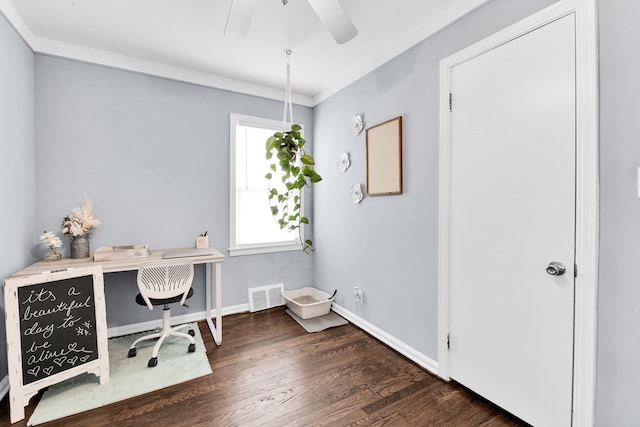 office space with a ceiling fan, baseboards, visible vents, and wood finished floors