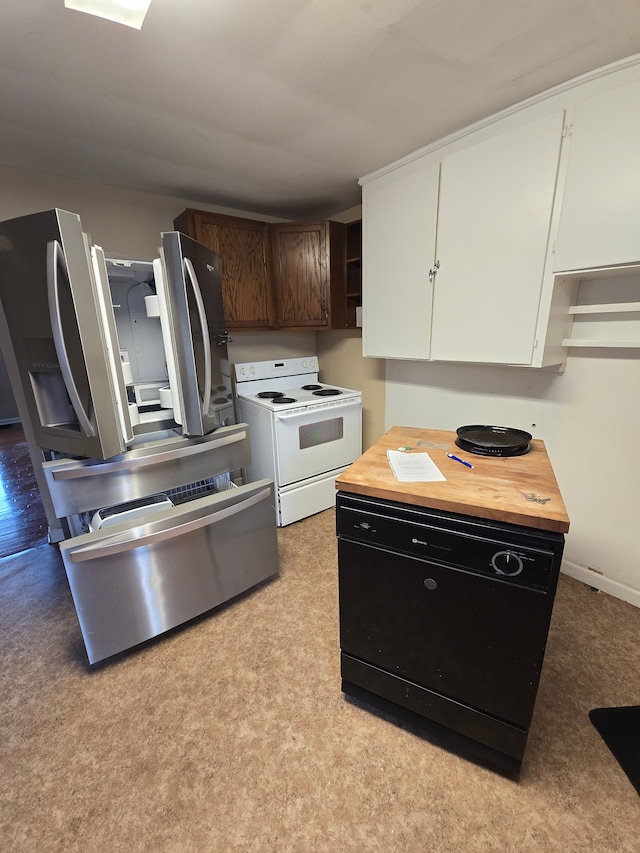 kitchen featuring electric stove, butcher block counters, open shelves, and white cabinetry