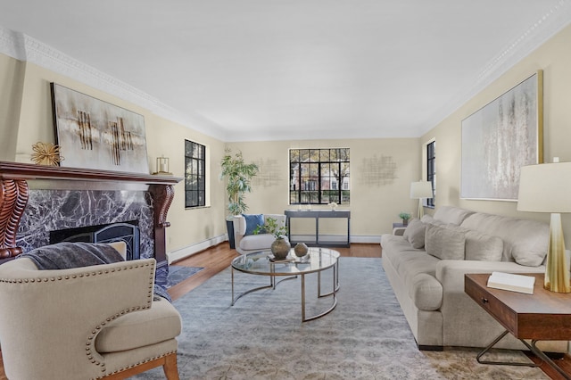 living area with a baseboard radiator, ornamental molding, wood finished floors, and a high end fireplace