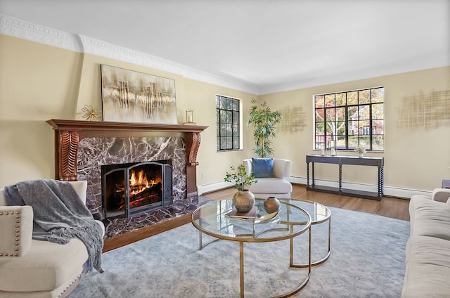 living room featuring a baseboard heating unit, a wealth of natural light, a fireplace, and wood finished floors