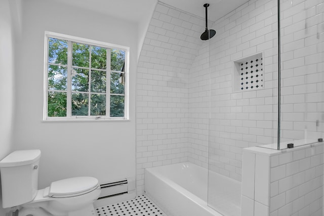 bathroom with a baseboard heating unit, tile patterned flooring, and toilet