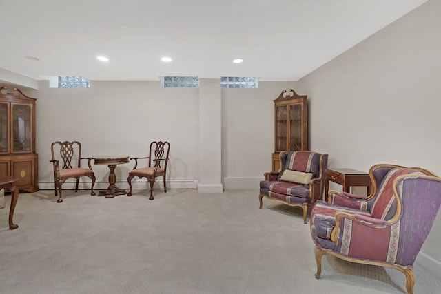 sitting room with carpet floors, recessed lighting, baseboards, and baseboard heating