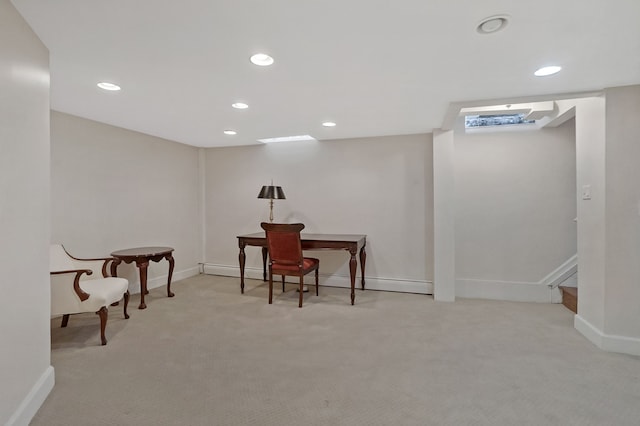 office space with baseboards, a baseboard heating unit, carpet flooring, and recessed lighting