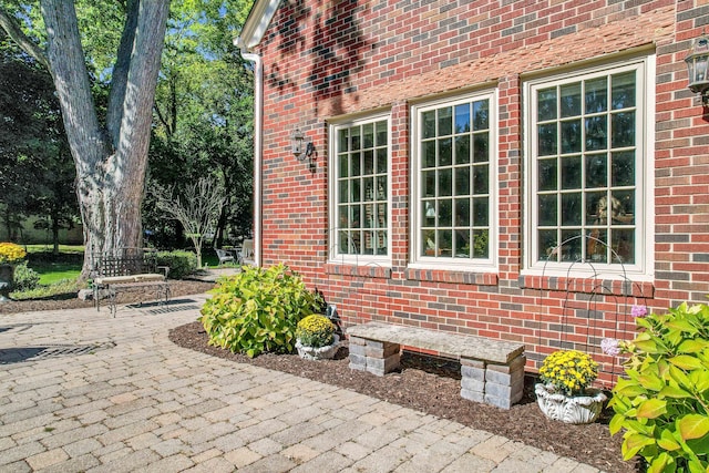 view of side of home featuring brick siding and a patio