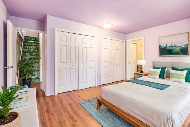 bedroom featuring wood finished floors and two closets