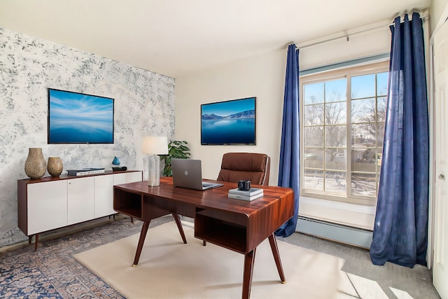 office area with a baseboard radiator and wallpapered walls