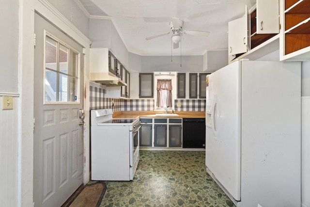 kitchen featuring ornamental molding, white appliances, a sink, and decorative backsplash