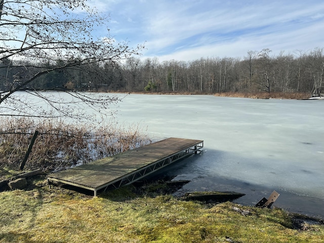 view of dock featuring a wooded view