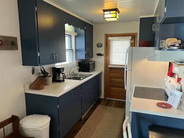 kitchen with dark wood-type flooring, blue cabinets, light countertops, black microwave, and a sink