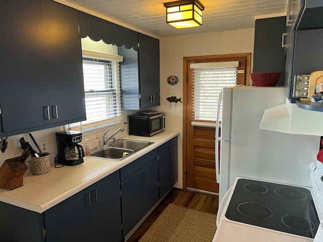 kitchen with dark wood finished floors, white appliances, light countertops, and a sink