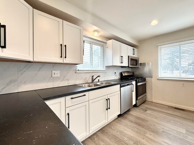 kitchen featuring stainless steel appliances, tasteful backsplash, visible vents, white cabinets, and a sink