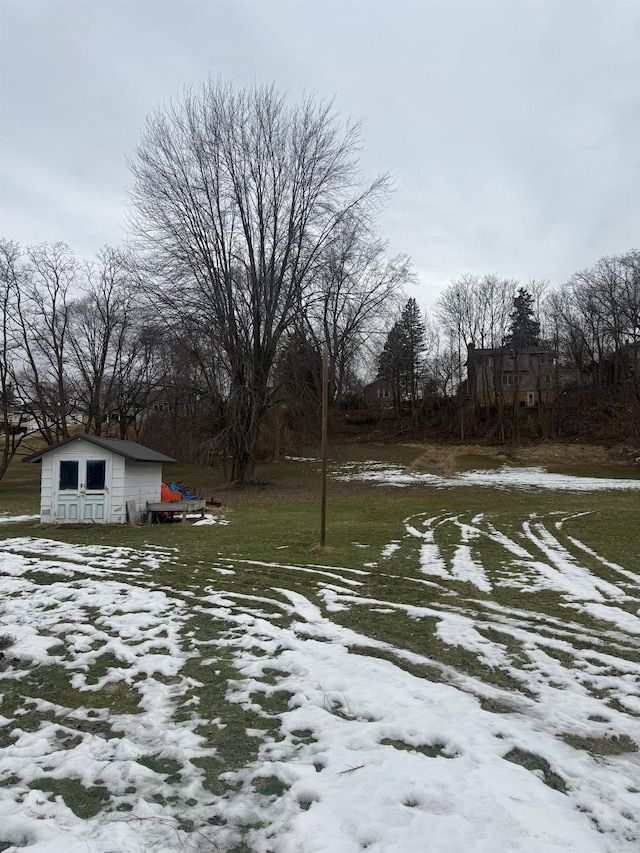 yard covered in snow featuring an outdoor structure