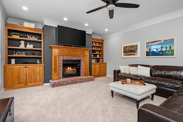 living area with a brick fireplace, light carpet, crown molding, and baseboards