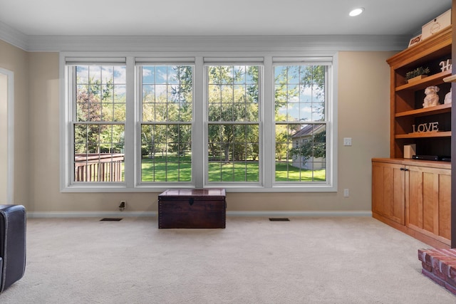 sitting room with carpet, visible vents, and baseboards