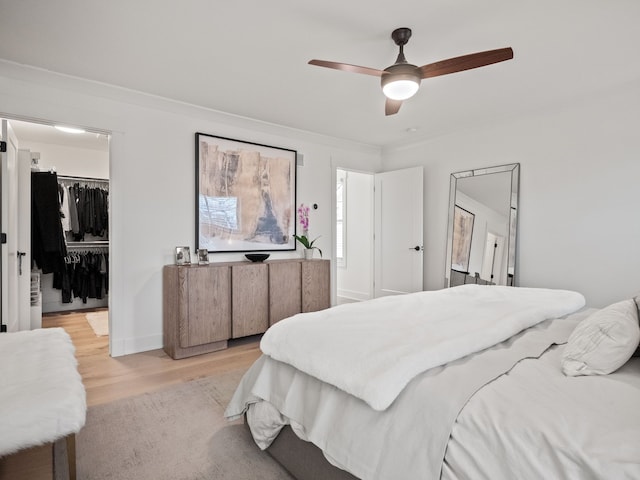 bedroom featuring a ceiling fan, light wood-style flooring, a closet, a walk in closet, and crown molding