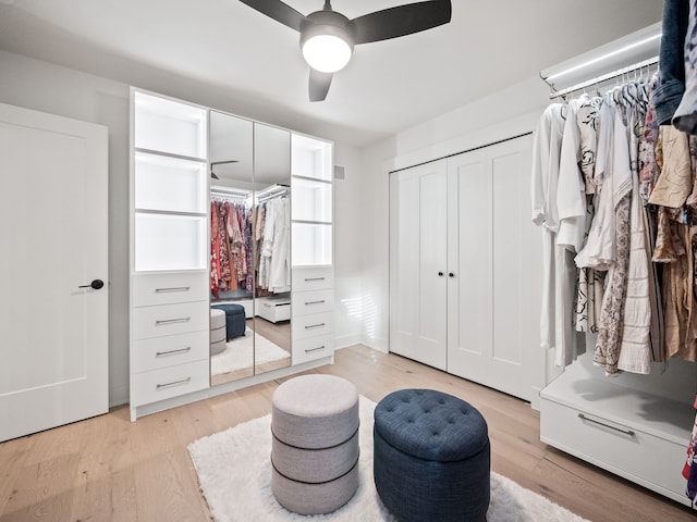 spacious closet with visible vents, light wood-style flooring, and a ceiling fan