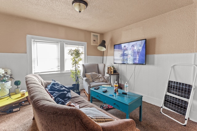 living room with a textured wall, carpet, wainscoting, and a textured ceiling