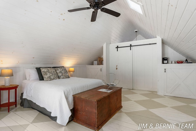 bedroom with a ceiling fan, wood ceiling, lofted ceiling, and light floors