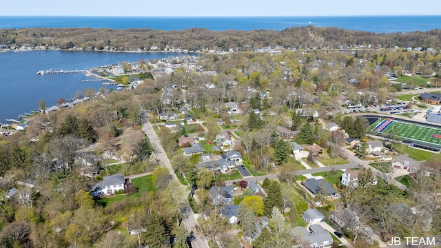 aerial view featuring a water view and a residential view