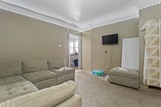 living room featuring carpet flooring, a textured ceiling, and baseboards